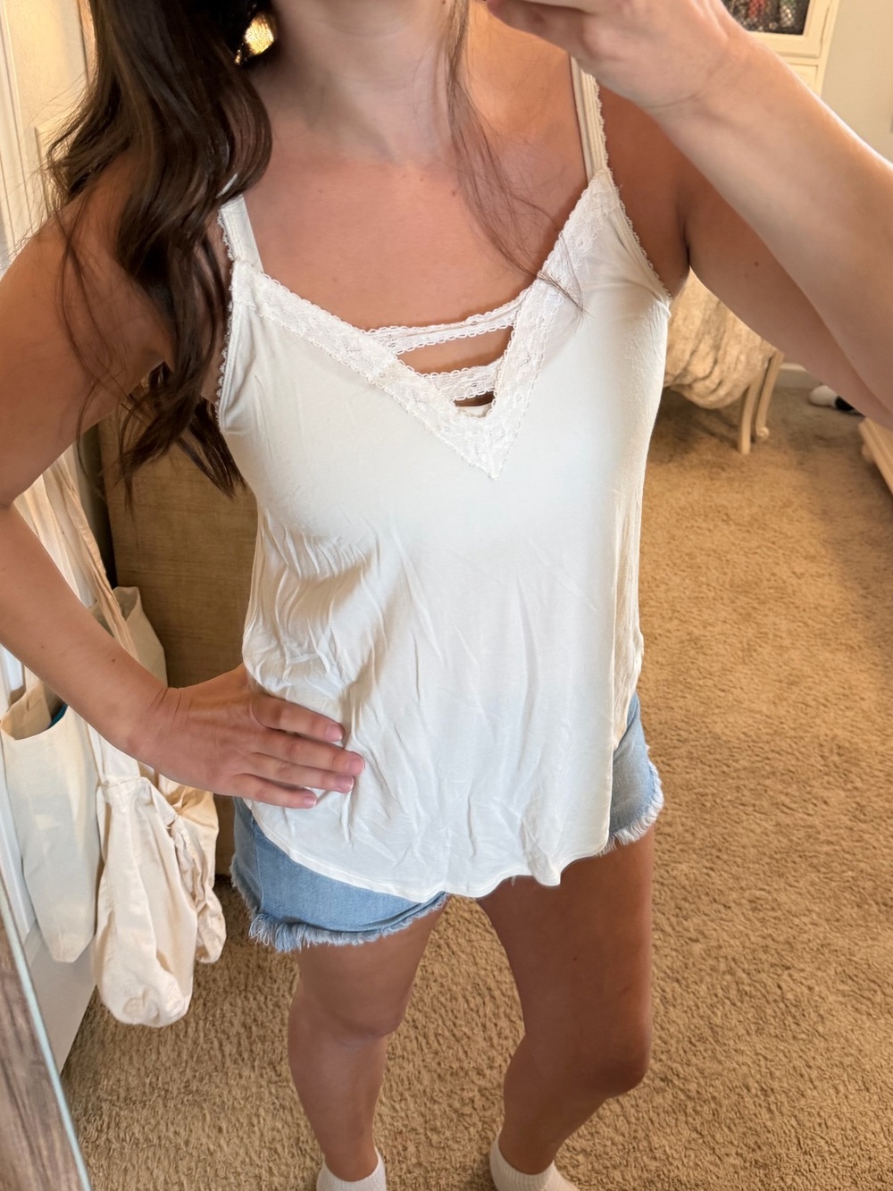American Eagle Outfitters White Lace-Trim V-Neck Strappy Cami